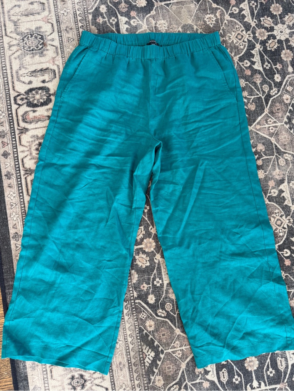 Eileen Fisher 100% organic linen Teal Wide-Leg crop Pull-On Pants